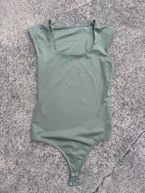 Nine West Neutral Olive Green Scoop Neck One-Piece Bodysuit